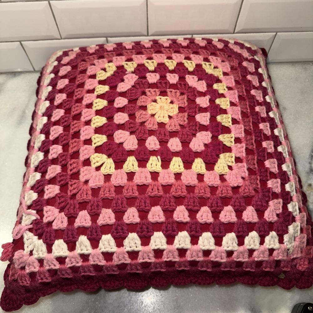 vintage granny square pillow Double‎ Sided Pink Red Magenta Valentine